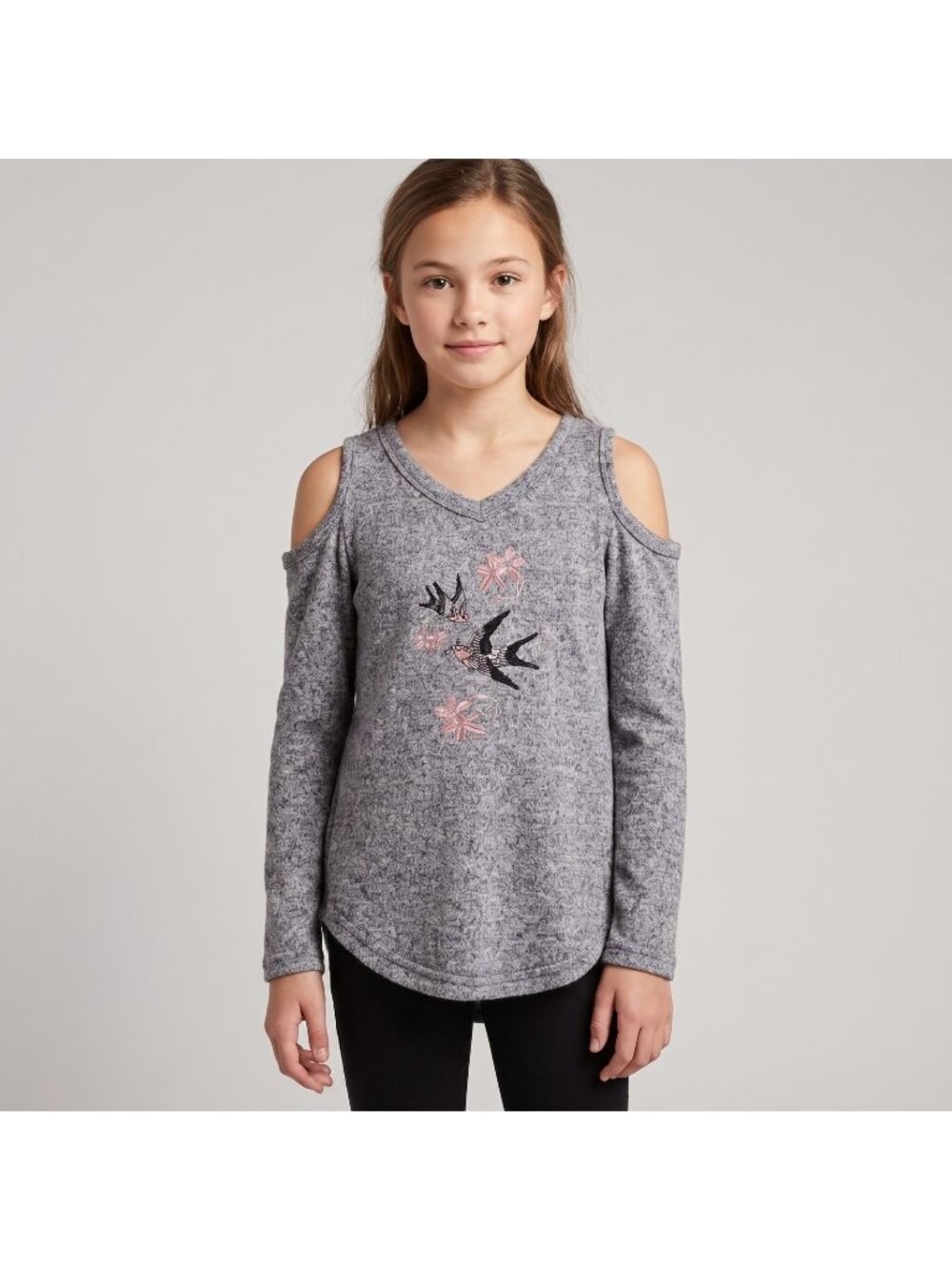 Poof! Girl Girl's Embroidered Bird Swallow Cold Shoulder Sweater Top in size M